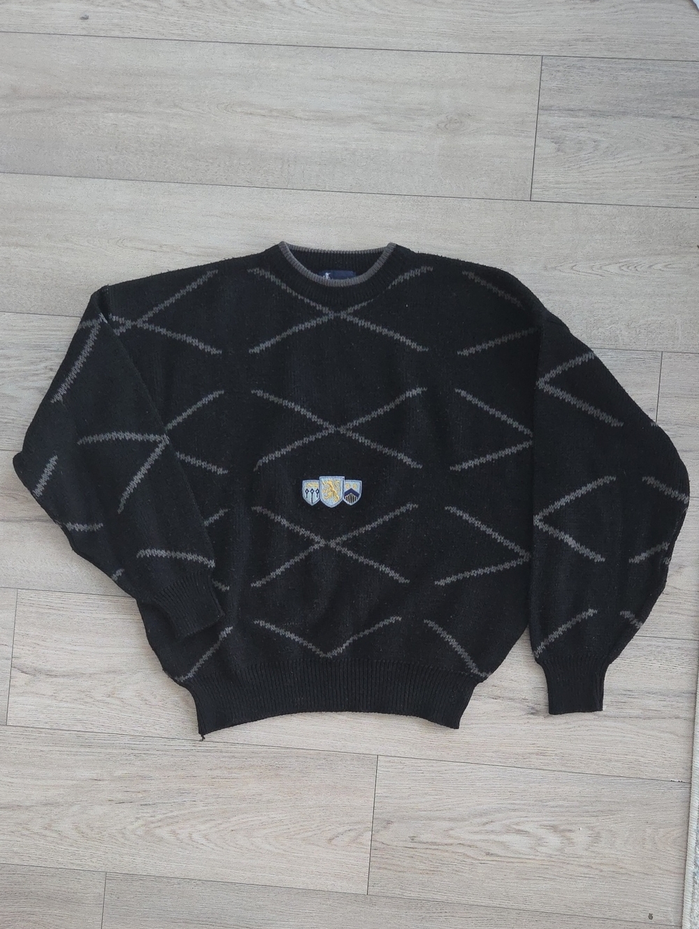 Vintage Bronzini Men's Black Geometric Crewneck Sweater with Crest